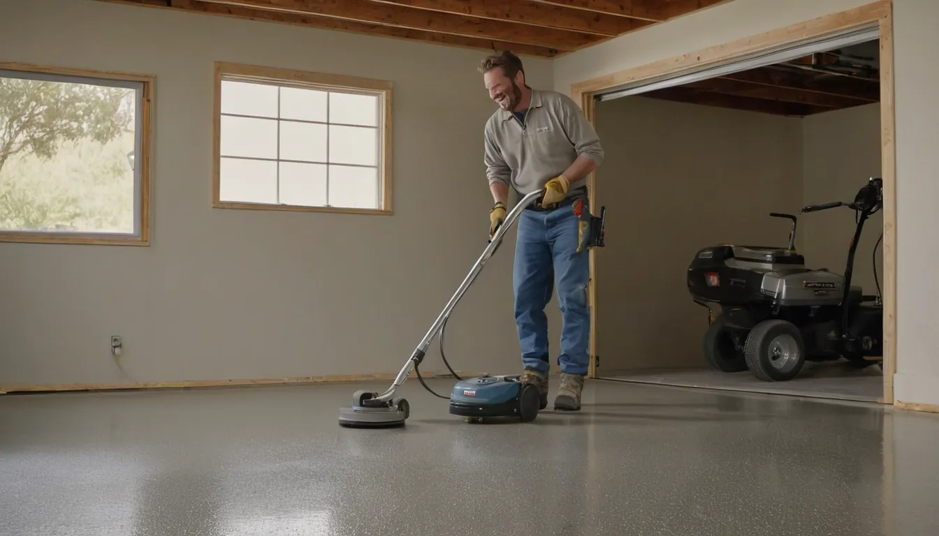 Independent provider rolling a fresh epoxy coating onto a clean garage floor in a stucco home near Pacifica