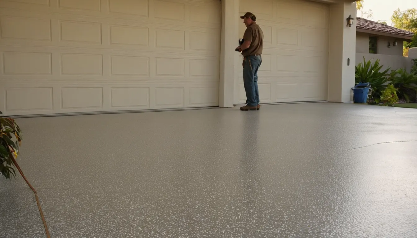 A polyaspartic-coated garage floor with a gray flake finish in a Pacifica home